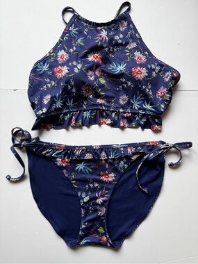 La Vie En Rose Bikini Set Blue Floral Ruffle 2 Piece Beach Swim Sz L - XL